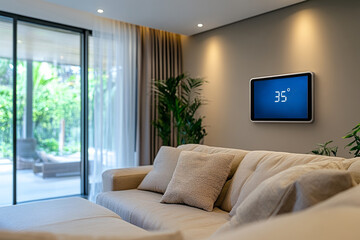 Obraz premium Smart home automation system is showing a high temperature on the digital thermostat display in a modern living room