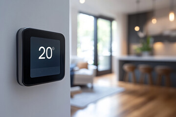 Digital thermostat displaying, controlling temperature in a contemporary home, ensuring comfort and energy efficiency