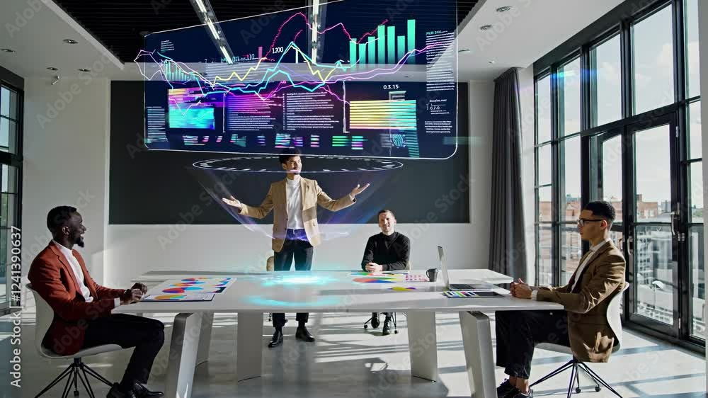 Aufkleber diverse business team engaged in analyzing dynamic data visualizations projected in a modern office 