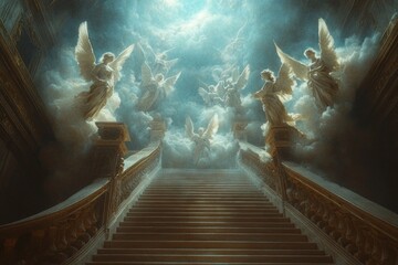 Angelic figures with wings guard a majestic stairway leading to a heavenly light, creating a scene of awe and reverence