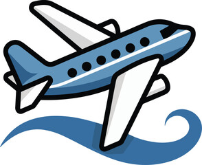 A retro style icon  of a blue airplane with white background