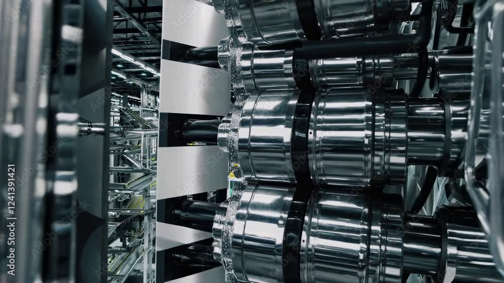 Poster complex machinery with multiple polished metal cylinders rotating in sync within a contemporary prin
