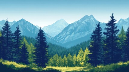 Obraz premium Majestic mountain range with evergreen forest.