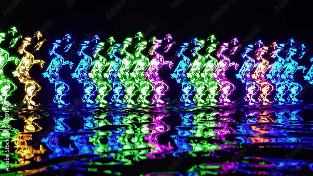 Poster bright neon figures dancing in synchronized movements, creating vibrant reflections on a rippling wa
