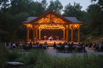 Obraz premium Audience enjoying live music performed on an outdoor stage under string lights in a park