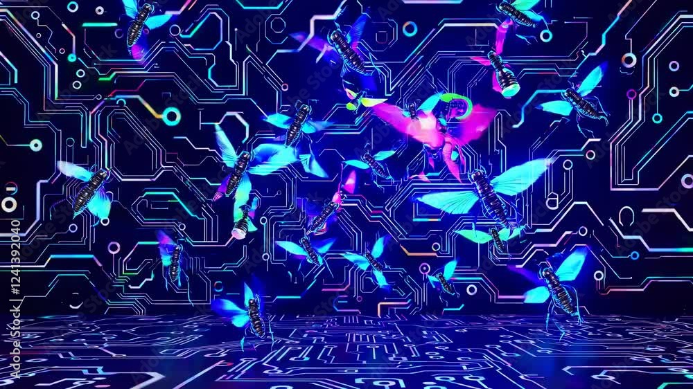 Poster vibrant neon butterflies hover above an intricate circuit board design, symbolizing the fusion of te