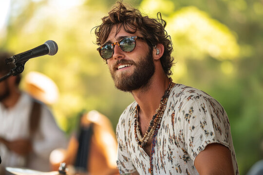 Musician singing into a microphone while wearing sunglasses during a live performance