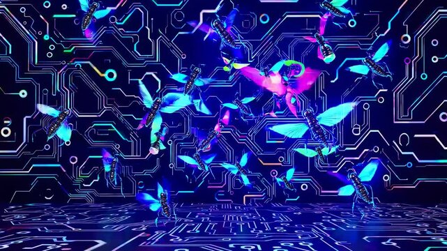Vibrant neon butterflies hover above an intricate circuit board design, symbolizing the fusion of technology and nature. The glowing colors create a futuristic and dynamic visual experience