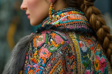 Obraz premium Close-up of a fashion model showcasing an intricately embroidered jacket with fur detailing and a stylish braided hairstyle