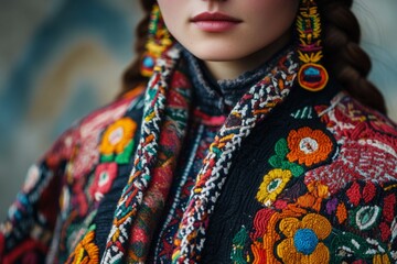 Obraz premium Close-up of a fashion model wearing traditional ukrainian embroidered clothing, showcasing intricate floral patterns