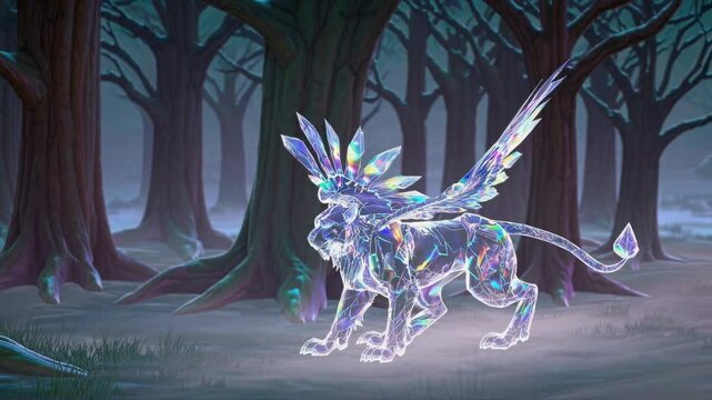Majestic crystal griffin with iridescent wings and powerful paws prowling through a mystical forest at night, radiating an ethereal glow in a captivating display of fantasy and magic