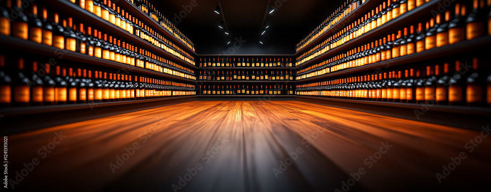 Poster spacious wine store featuring numerous shelves filled with illuminated bottles, creating warm and in