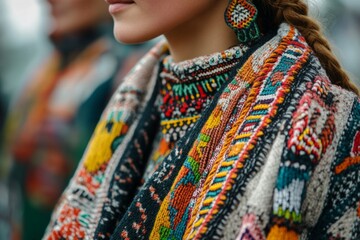 Obraz premium Close-up of colorful and intricate floral embroidery on a garment with fur trim, showcasing traditional craftsmanship and cultural heritage
