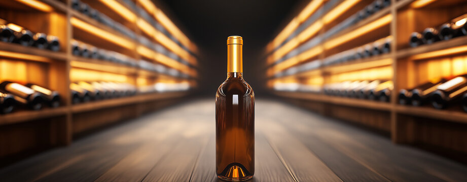 wine bottle stands prominently in well lit store, surrounded by shelves filled with various bottles. warm lighting creates inviting atmosphere, perfect for wine enthusiasts
