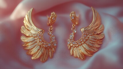 Elegant Gold Wing Earrings with Intricate Feather Design on Luxurious Silk Fabric