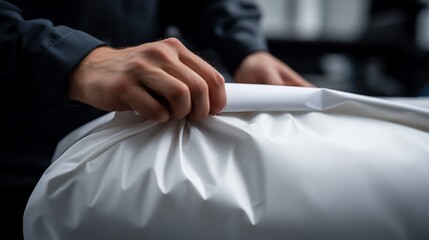 Precision Wrapping: A Craftsman's Hands Carefully Unfolding a Pristine White Protective Film