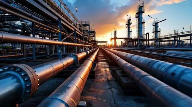 Factory pipelines at sunset, crude gas and oil pipes of refinery plant or petrochemical industry, view of steel industrial lines and sky, concept of energy. 