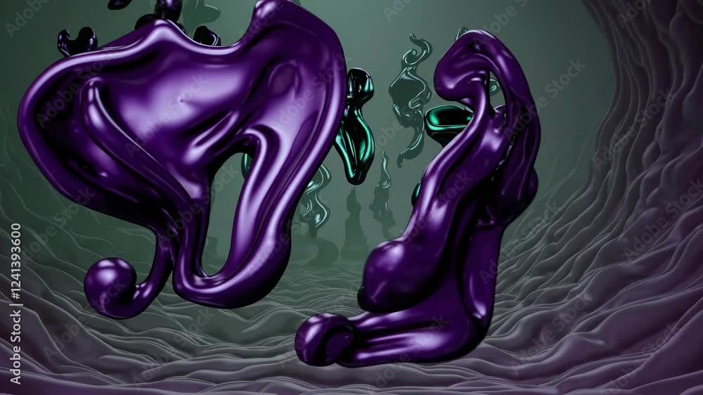 Poster iridescent fluid shapes float in a mysterious, surreal setting. the organic forms create a sense of 