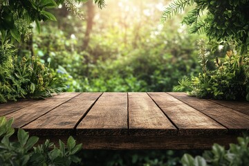 Wooden table on a blurred green garden background with sun shining through trees