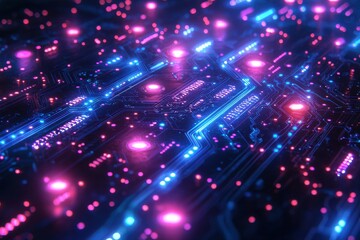 Obraz premium Neon glowing circuit board technology illustration with vibrant colors and lights