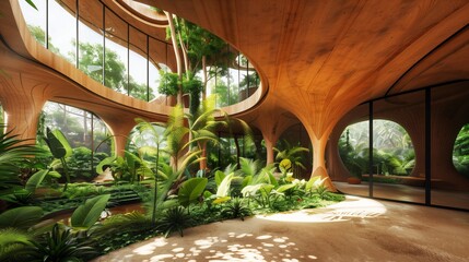 Obraz premium interior view of organically shaped wooden building with rounded corners and full-height glass windows