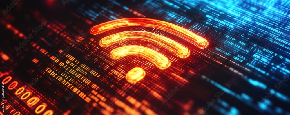 Poster digital illustration of an abstract wireless network symbol glowing with neon colors amidst swirling