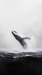 Fototapeta premium 42. A white whale breaching the icy waters of the Arctic Ocean beneath a pale, cold sky
