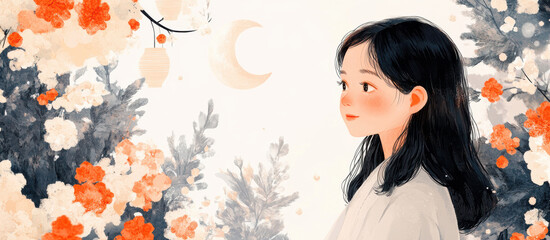 Fototapeta premium Young Asian woman in serene floral landscape gazing at crescent moon, surrounded by vibrant blossoms and soft lantern light