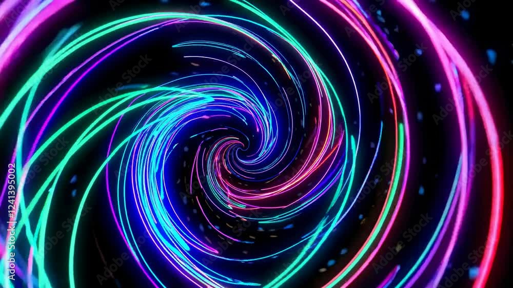 Poster bright neon lines swirling to form a vibrant vortex, creating a mesmerizing visual effect against a 