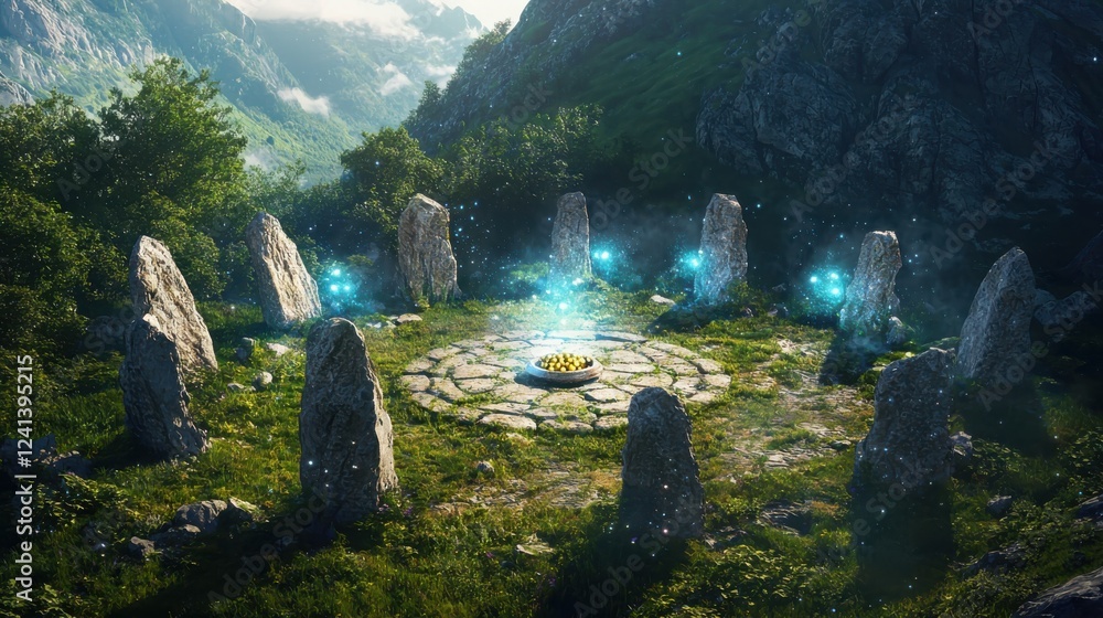 Poster creating an enigmatic atmosphere ancient stone circle enchanted forest digital art mysterious settin