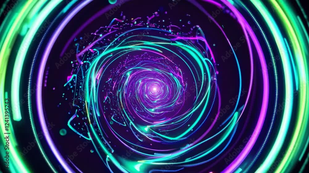 Poster bright neon streaks swirling together, forming a vibrant vortex and creating an abstract tunnel effe