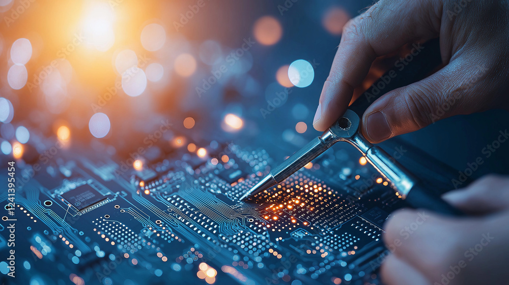 Poster close up of hands using tools to work on electronic circuit board, showcasing precision and focus in
