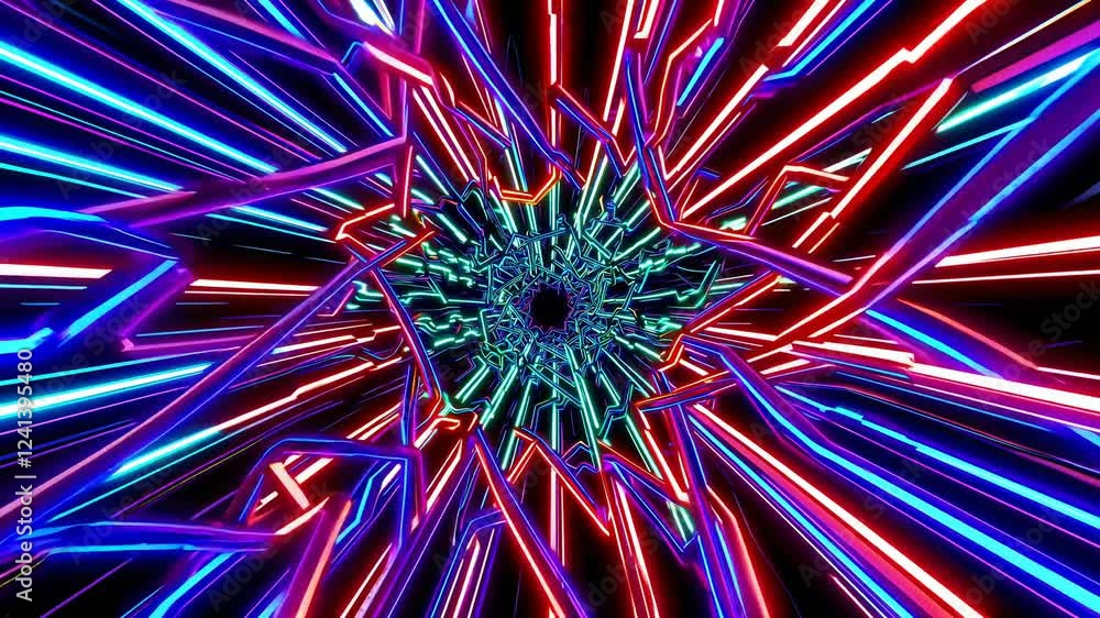 Poster glowing neon lines rotating and creating an abstract vortex, forming a futuristic tunnel with vibran