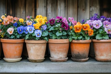 Naklejka premium Vibrant pansies in terracotta pots add a touch of color to a rustic wooden shelf, creating a charming display