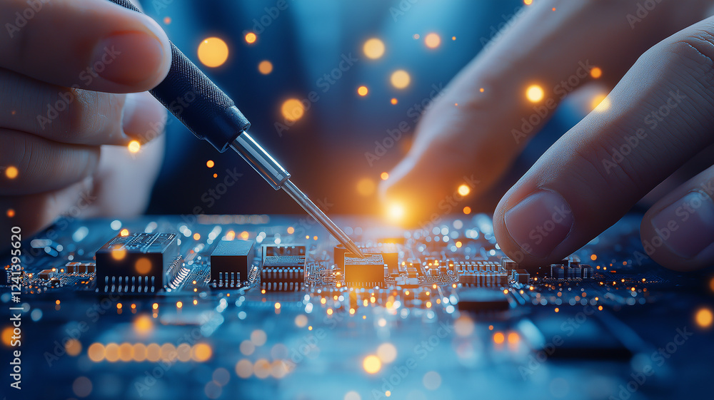 Poster close up of hands using precision engineering tool on circuit board, showcasing intricate details an