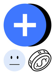 Obraz premium Large blue cross, neutral face icon, and a dollar coin. Ideal for financial growth, balancing aspects, economics, health improvement, positive outcomes decision making success. Line metaphor