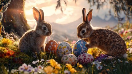 Obraz premium Playful bunnies interacting with oversized decorated eggs in a vibrant meadow filled with wildflowers whimsical scene