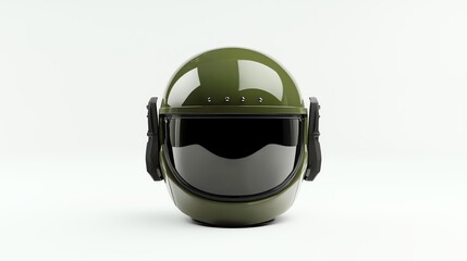 Military green helmet on a white isolated background, showcasing its sleek design and protective features, ideal for showcasing safety in various environments.