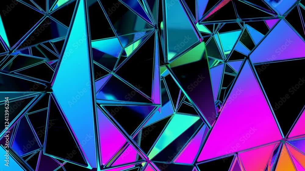 Poster abstract background featuring iridescent triangles intersecting and overlapping, creating a dynamic 