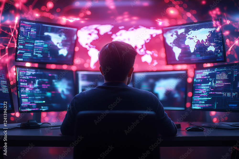 Poster cybersecurity professional analyzes data on multiple screens, surrounded by vibrant digital graphics