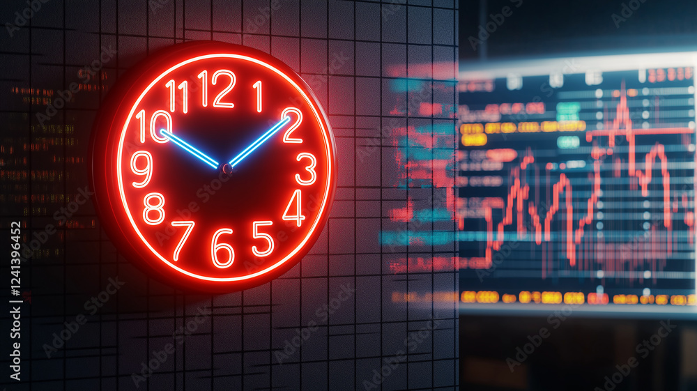 Poster digital clock on wall with neon lights displays time, creating vibrant atmosphere. background featur