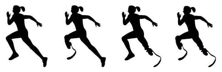 Woman running, woman with prosthesis, disabled athlete on prosthesis running silhouettes