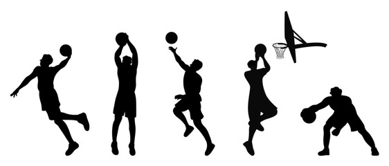 Man playing basketball, basketball players silhouettes, basketball players are jumping and practicing
