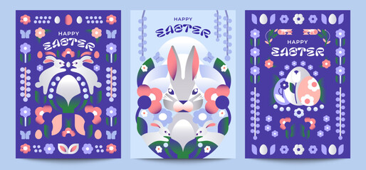 Happy Easter! 3 illustrations in Scandinavian style. Decorative symmetrical design with bunnies, Easter eggs and bunch of flowers. Gentle, pastel palette. 
Ideal for flyers, branding, posters and more