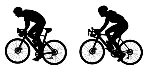 Obraz premium Cycling, road cyclist rides bike vector silhouette, male and female cyclist riding road bicycle