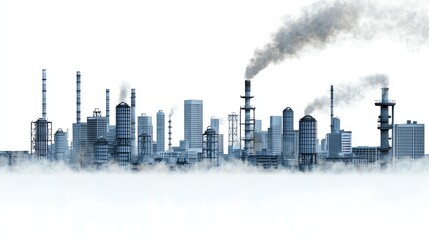 Industrial skyline with smoke emissions across factories, set against a white isolate background, symbolizing pollution and the modern landscape of manufacturing.