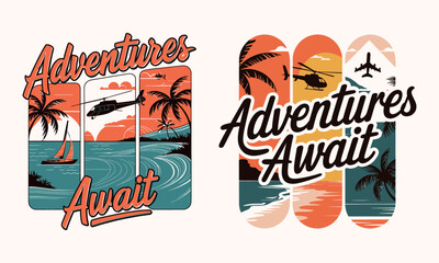 Adventure Awaits T-Shirt Design - Vibrant Graphic Featuring Tropical Scenes, Boats, Planes, and Helicopters, Perfect for Outdoor Enthusiasts and Travel Lovers