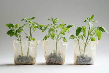 Three young tomato plants growing in plastic bags are waiting to be planted