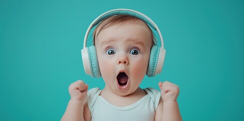 Surprised baby joyfully listening to music with headphones against a teal background, perfect for copy space in a banner