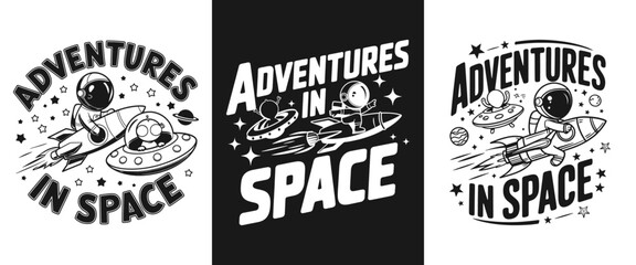 Adventures in Space T-Shirt Design - Whimsical Graphic Featuring Cute Astronauts, Rockets, and UFOs, Perfect for Kids, Space Lovers, and Fun Outfits for Explorers!
